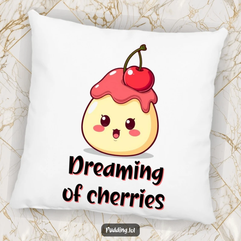 Funny Pillow featuring a surprised pudding character with a cherry perched comically on its head, bringing whimsical charm.