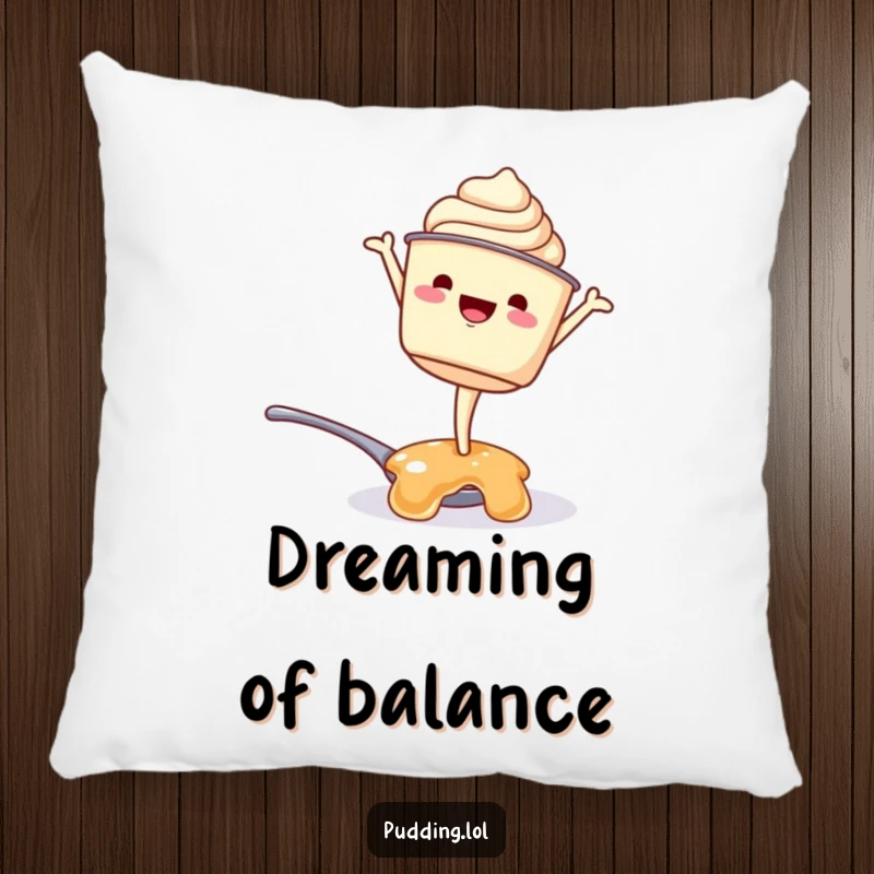 Funny pillow: A smiling pudding cup attempts a handstand on a spoonful of jelly, offering comfort and a chuckle with this amusing design.