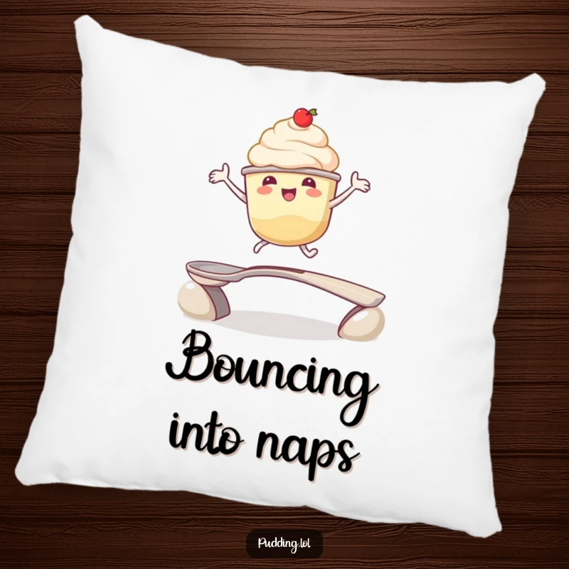 Funny pillow: A happy pudding cup character leaps over a spoon bridge, bringing comfort and a touch of dessert-themed joy to any room.