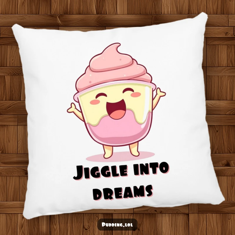 A joyful pudding cup character wiggling its gelatin with excitement, depicted on a soft, decorative pillow.