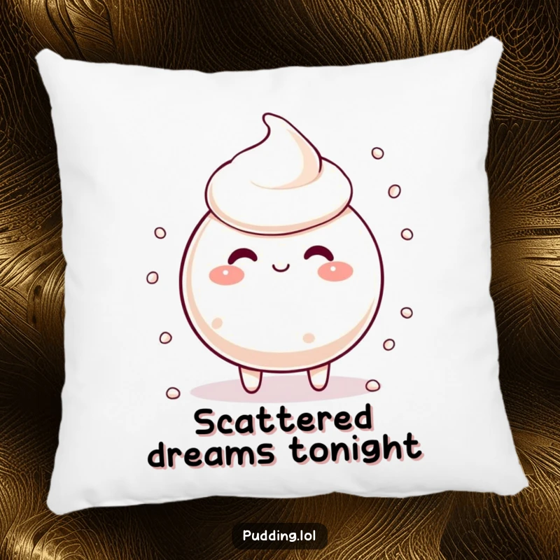 Funny tapioca pudding character with scattering pearls, looking silly, perfect for a humorous and comfortable pillow.