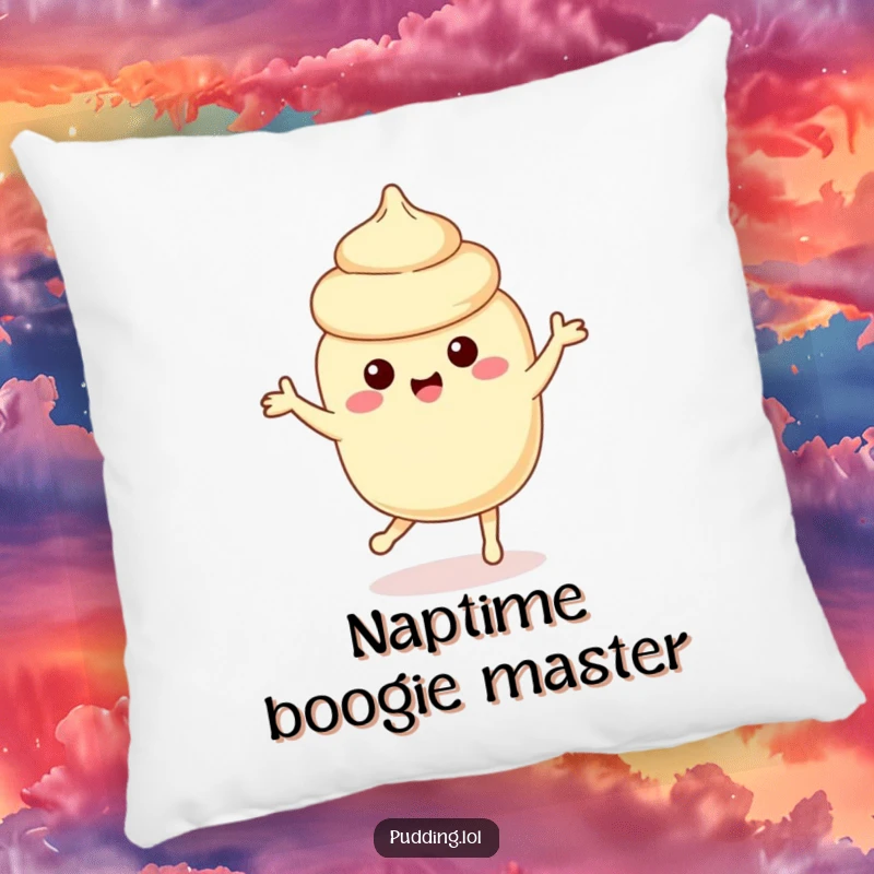 Funny vanilla pudding character dancing playfully, perfect for a humorous and comfortable pillow.