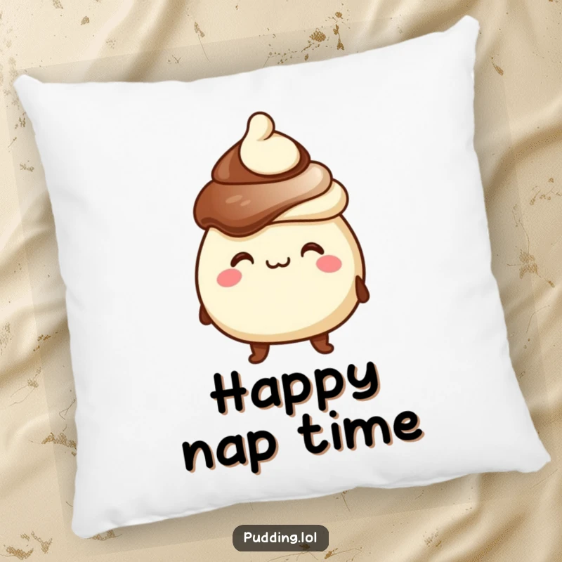 Funny pillow featuring a chocolate pudding character with a goofy grin and tiny hat, offering plush comfort and sweet humor.