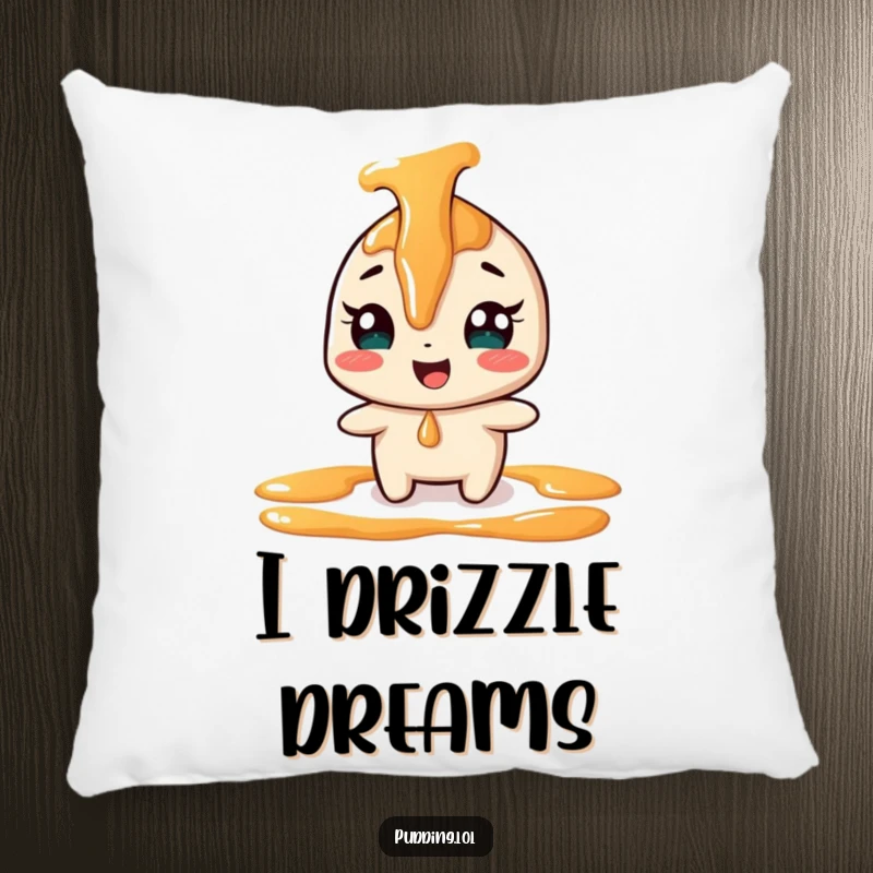 Funny giggling caramel sauce character on a soft pillow, playfully drizzling, making it a cheerful and comforting decor item.