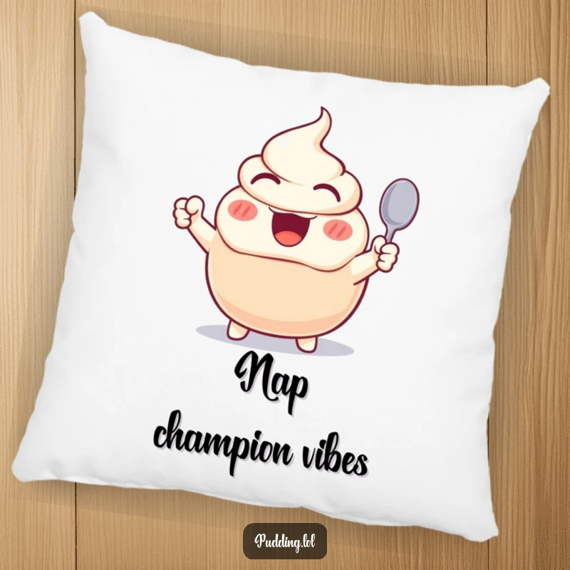 Funny pillow featuring an excited pudding character cheering with a raised spoon, offering a soft and humorous decorative touch.
