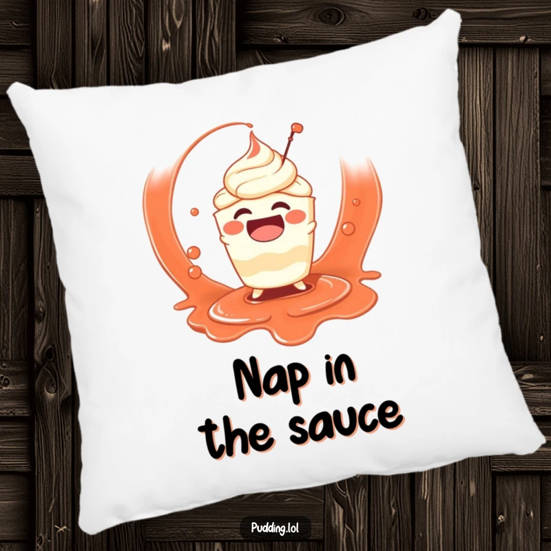 Funny pillow decorated with a happy pudding cup character having a joyous time splashing in a delectable sauce, adding cheer.
