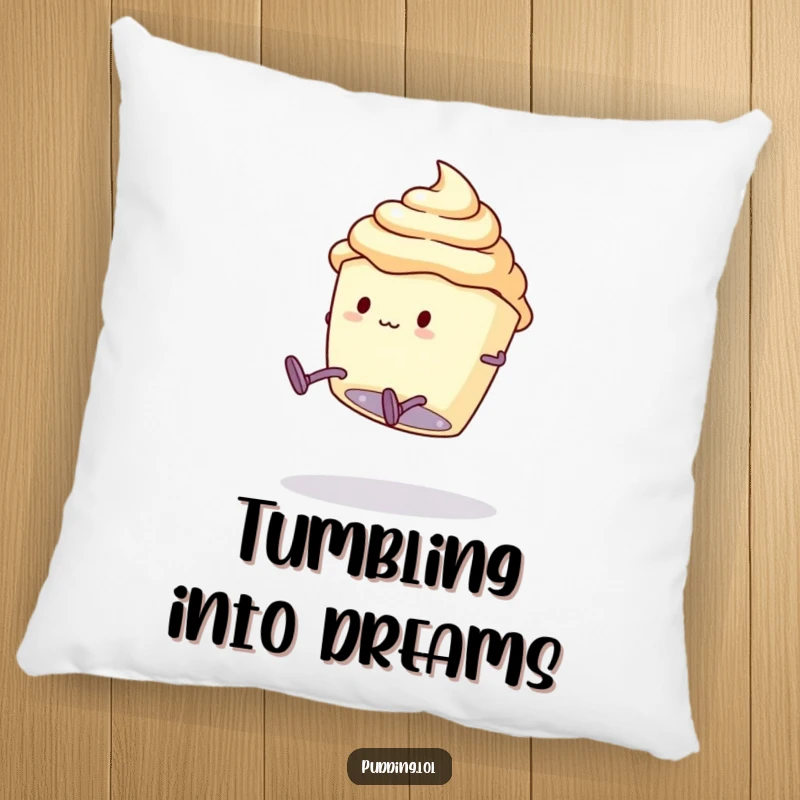 Funny Pillow: A pudding cup character with legs attempts a clumsy somersault, offering cozy comfort with a touch of playful spirit.