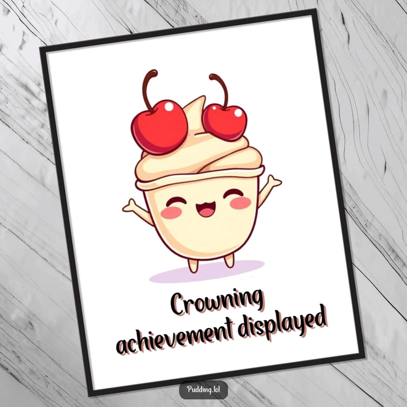Funny pudding cup digital art print of a character joyfully bouncing a mini cherry on its head, offering sweet fun for wall decor.