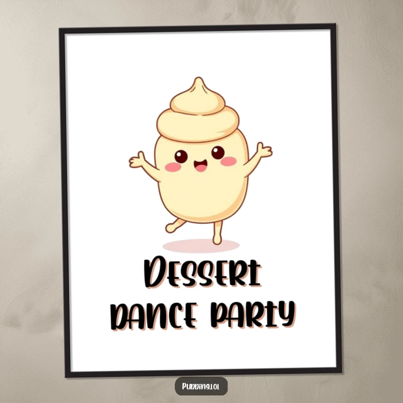 Funny vanilla pudding character dancing playfully, a delightful and humorous digital art print.
