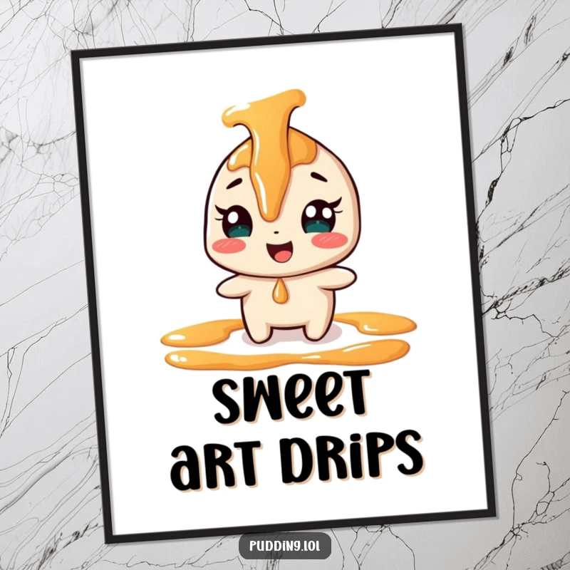 Funny giggling caramel sauce character digital art, playfully drizzling, adding whimsical dessert humor to digital decor.