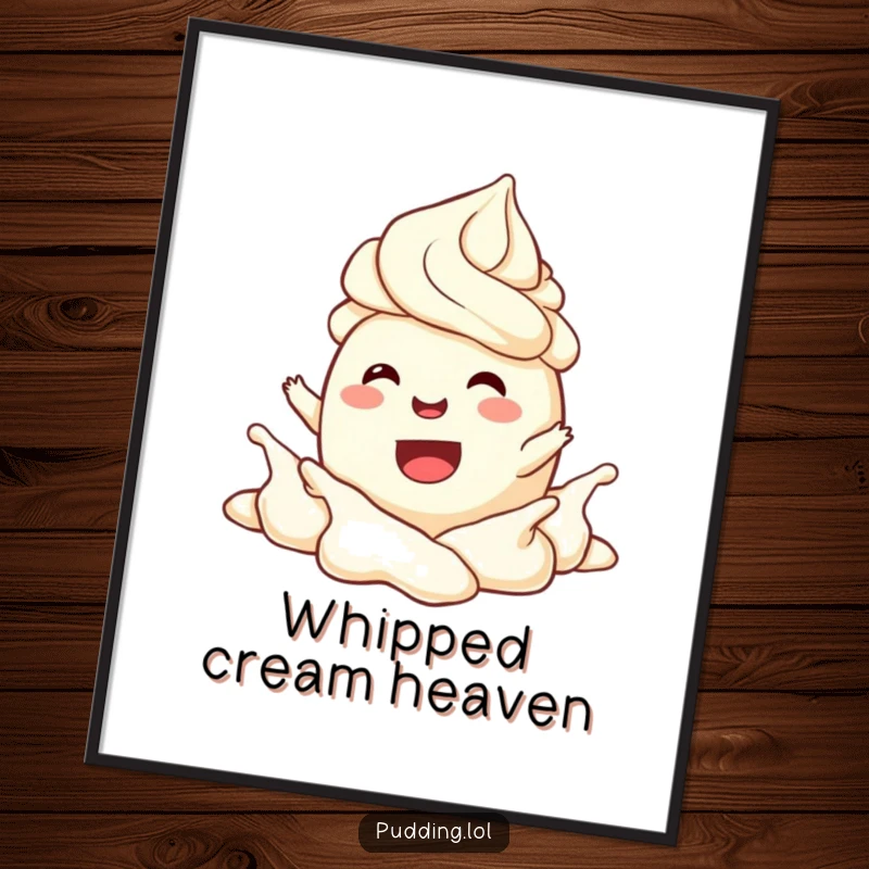 Funny Digital Art Print of a joyful pudding character splashing happily in whipped cream, a delightful and cheerful artwork.