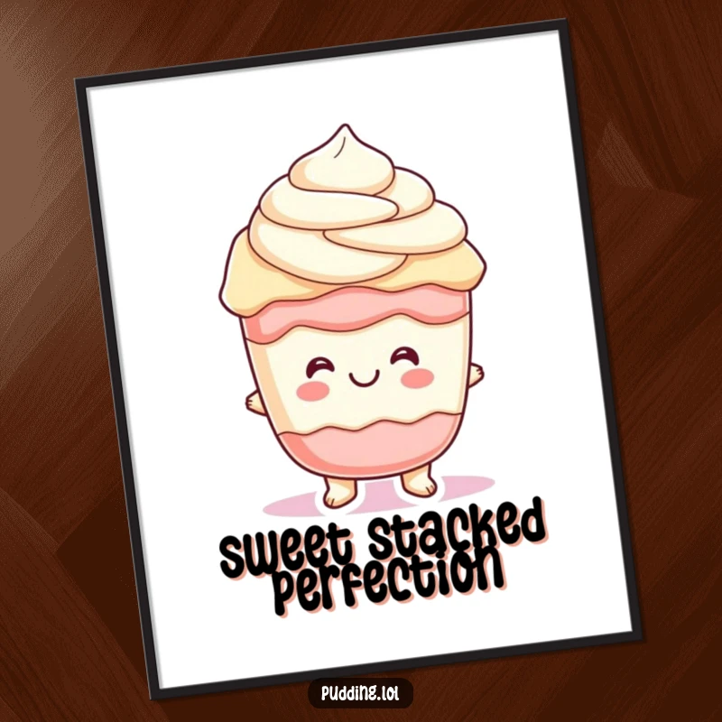 Funny parfait pudding character with cheerful, wiggling layers, a delightful and humorous digital art print.