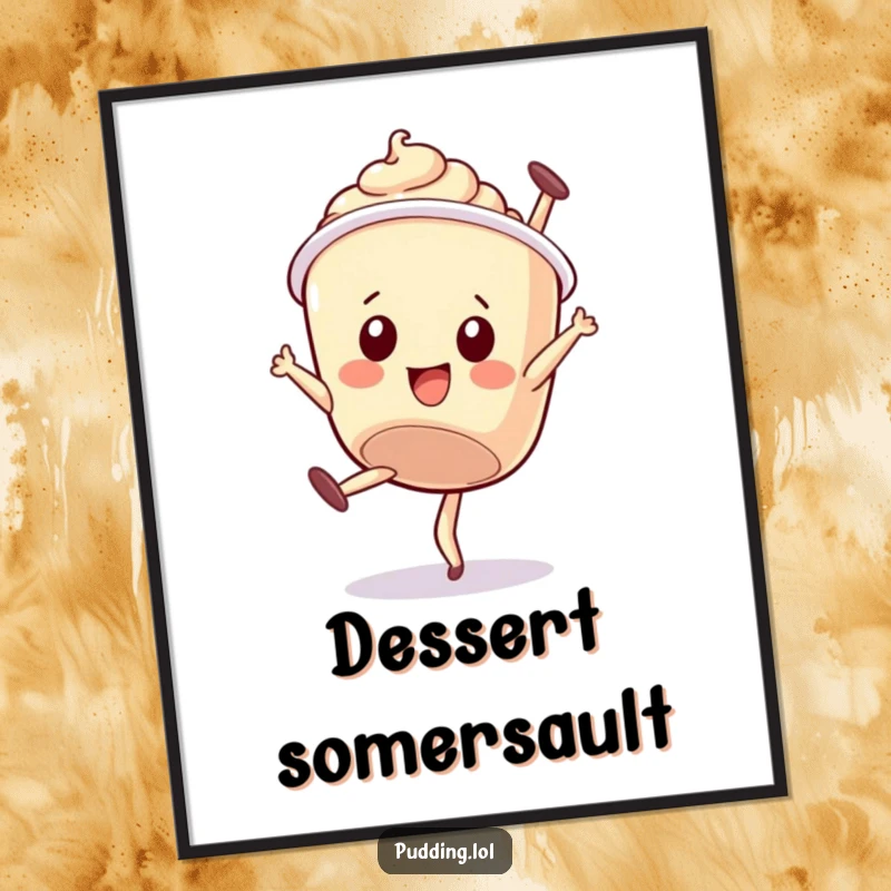 Funny digital art: A wobbly pudding cup character attempts a somersault, bringing charming dessert-themed humor and playfulness to your decor.