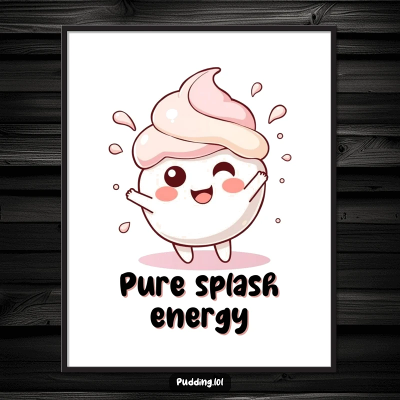 Funny Digital Art Print of a pudding scoop character in a dynamic, gleeful splash, bursting with playful, cartoonish energy.
