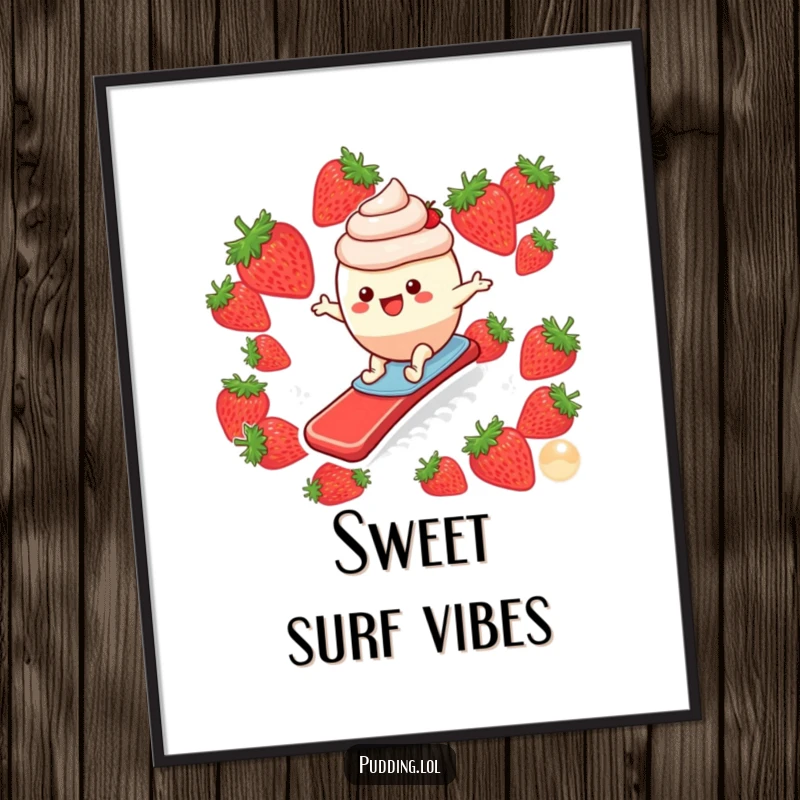Funny digital art print of a happy pudding cup character surfing a strawberry slide, radiating pure, infectious amusement.