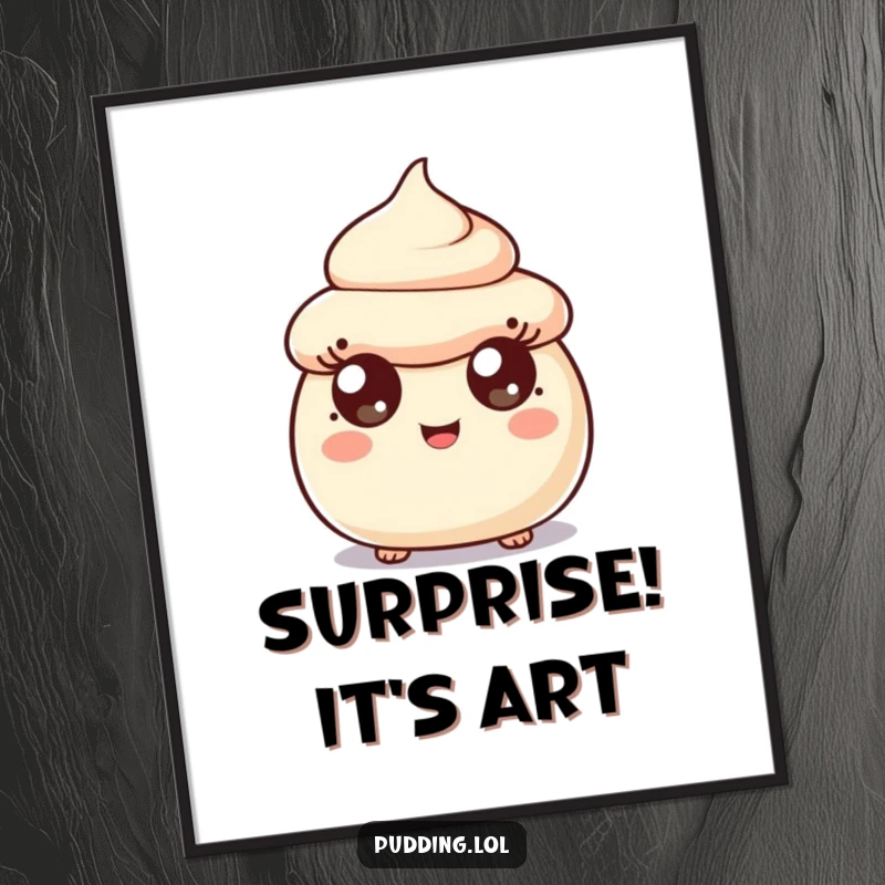 Funny surprised pudding scoop character digital art, wide happy eyes full of surprise and joy, ready to decorate any space.