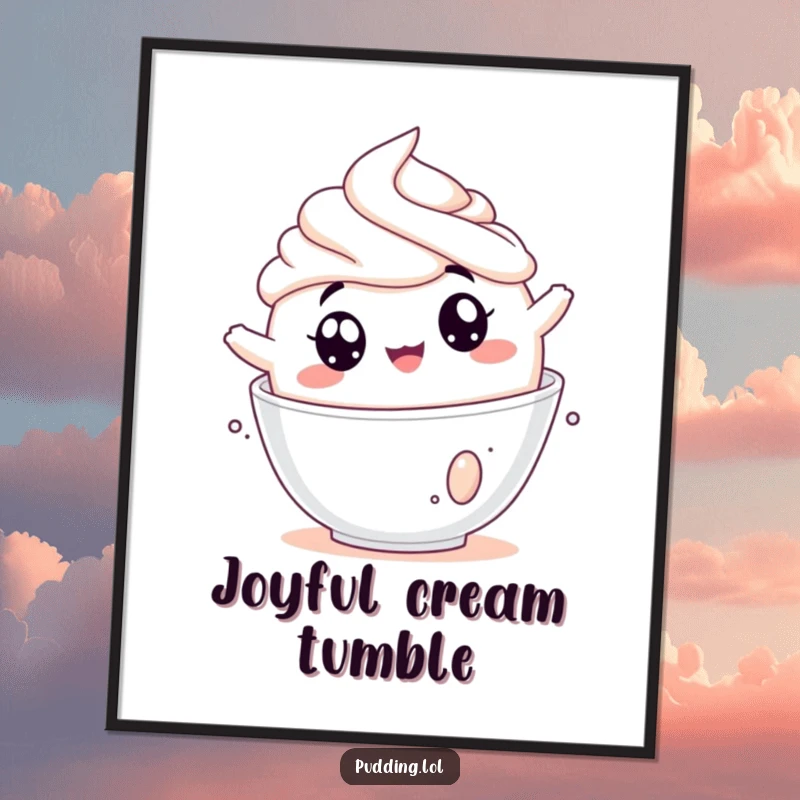 Funny pudding digital art print of a jiggly pudding cup tumbling joyfully into whipped cream, high-resolution, perfect for instant decor.