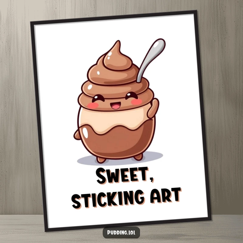 Funny beaming chocolate pudding character digital art with a spoon stuck in it, adding whimsical dessert humor to digital decor.
