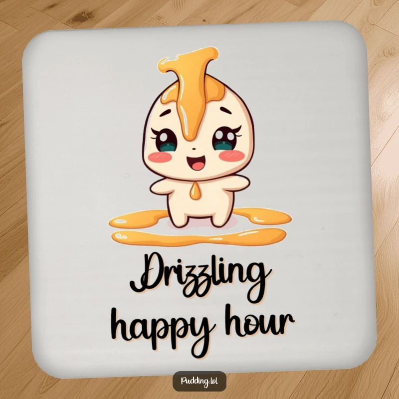 Funny giggling caramel sauce character on a drink coaster, playfully drizzling, adding a sweet, humorous touch to surface protection.