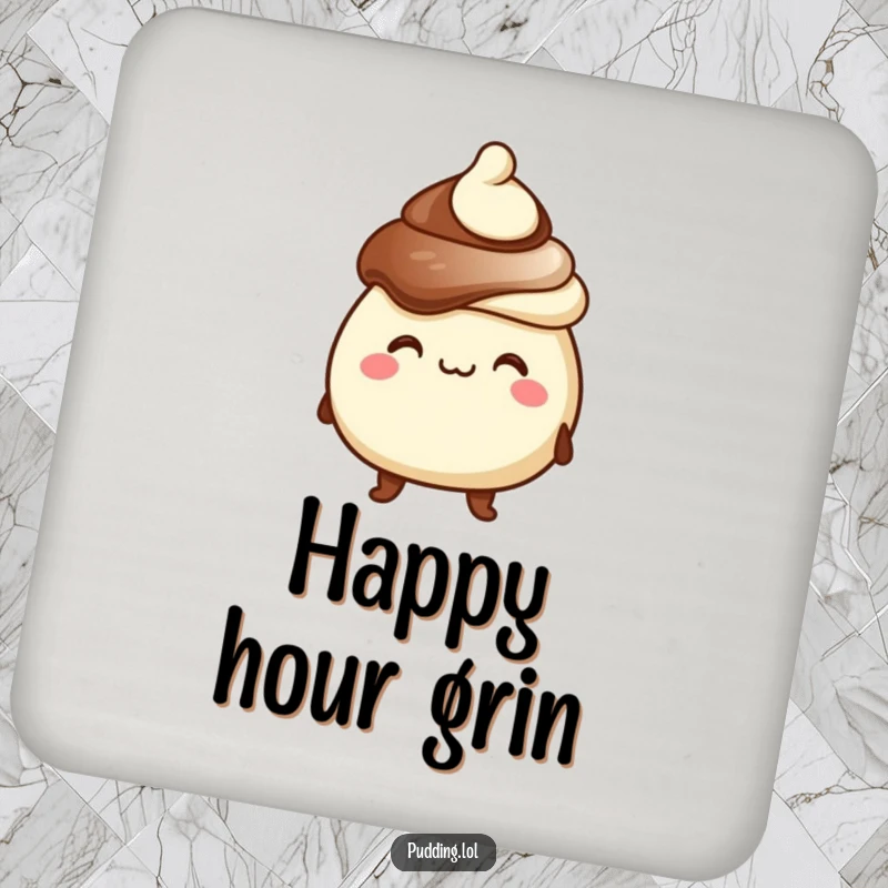 Funny drink coaster featuring a chocolate pudding character with a goofy grin and hat, adding sweet humor to any surface.