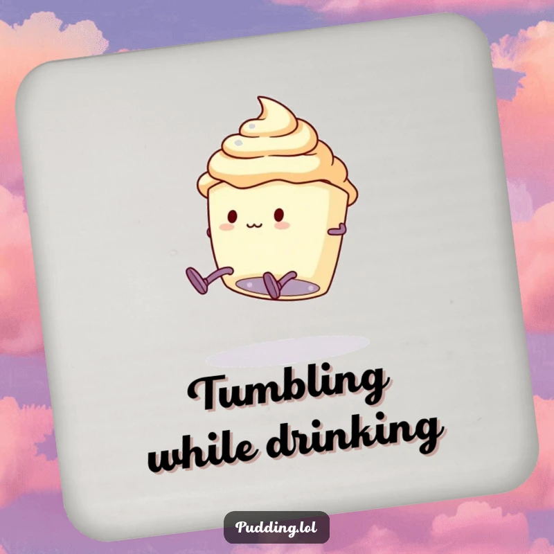 Funny Drink Coaster: A pudding cup character with legs attempts a clumsy somersault, protecting surfaces with playful spirit.