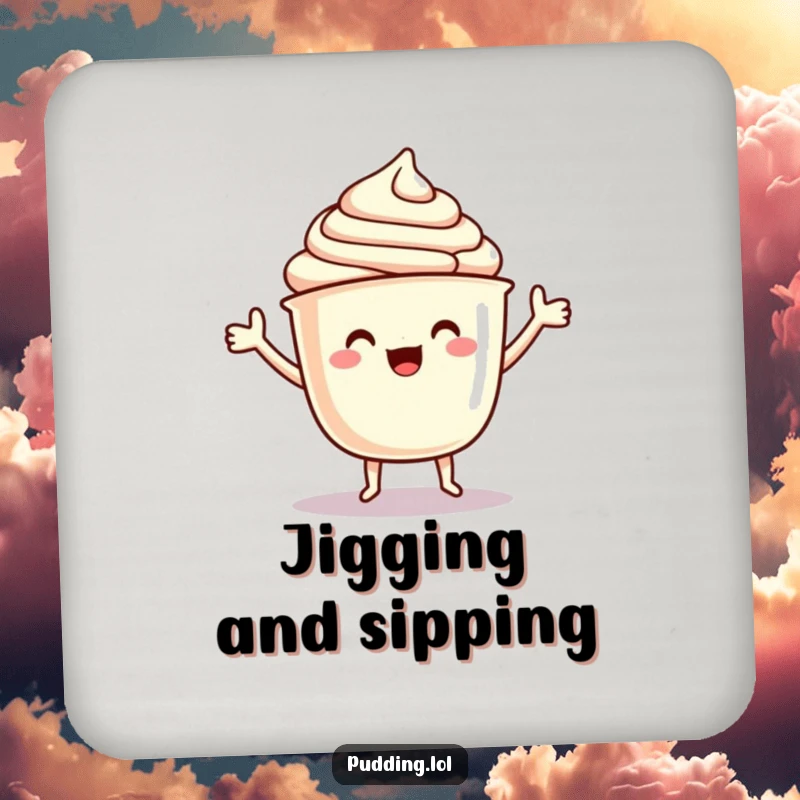 Funny Drink Coaster: A pudding cup character with arms dances a delighted jig, protecting your surfaces with cheerful movement.