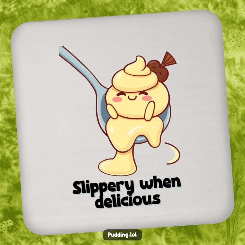 Funny Drink Coaster: A wobbly pudding character slides down a spoon, protecting your surfaces with sweet, humorous style.