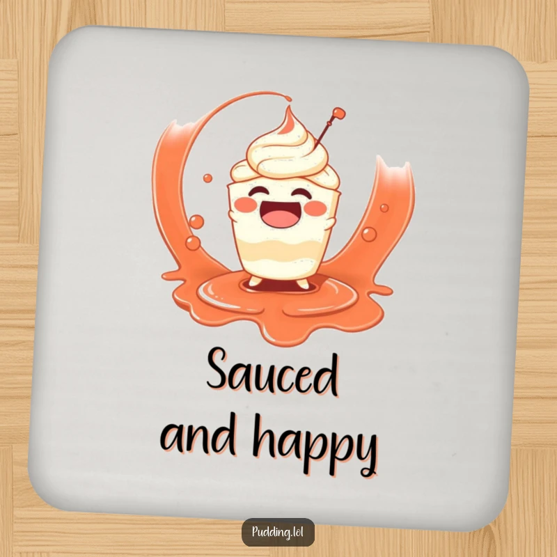 Funny drink coaster depicting a gleeful pudding cup character splashing with abandon in sauce, adding a humorous touch.