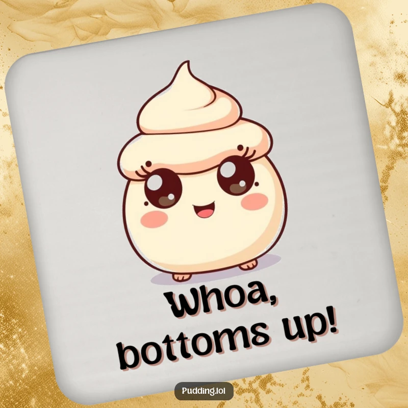 Funny surprised pudding scoop character on a drink coaster, its wide happy eyes adding a humorous touch to surface protection.