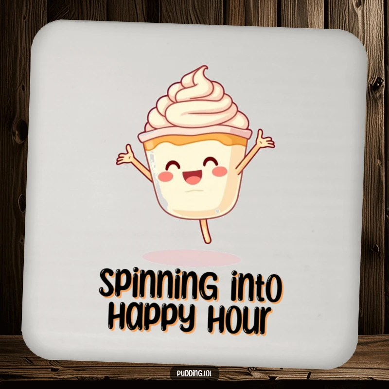Funny Pudding Cartwheel Coaster: A pudding cup character doing a cartwheel with whipped cream, adding a fun and protective element to surfaces.