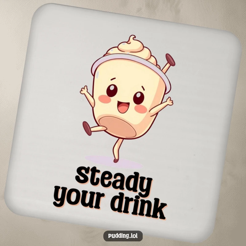 Funny coasters: A wobbly pudding cup character attempts a somersault, adding charming dessert-themed humor to drink protection.