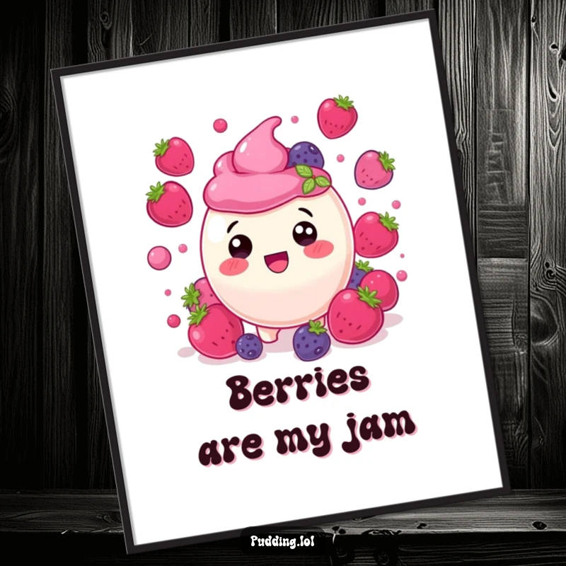 Funny berry pudding character, delighted and surrounded by bouncing berries, a humorous and delightful poster.
