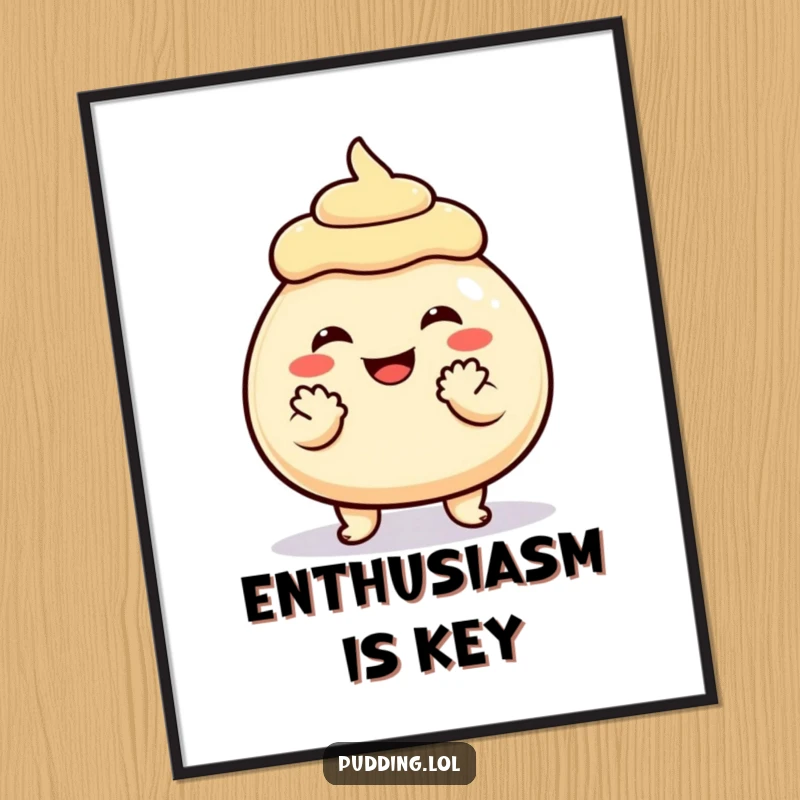 Funny Poster illustrating a grinning pudding character clapping its hands with infectious joy, perfect for adding cheer to any space.