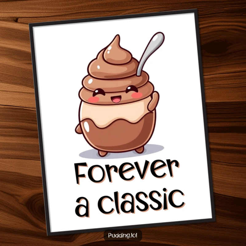 Funny beaming chocolate pudding character art print with a spoon stuck in it, adding whimsical dessert humor to wall decor.