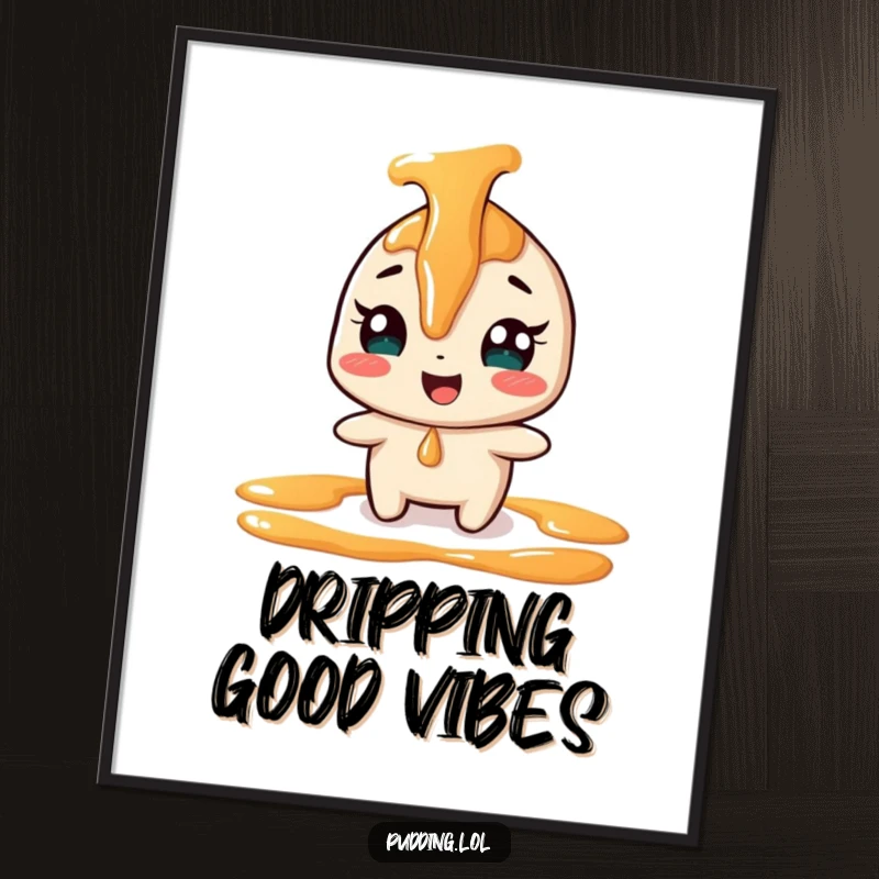 Funny giggling caramel sauce character art print, playfully drizzling, adding whimsical dessert humor to wall decor.