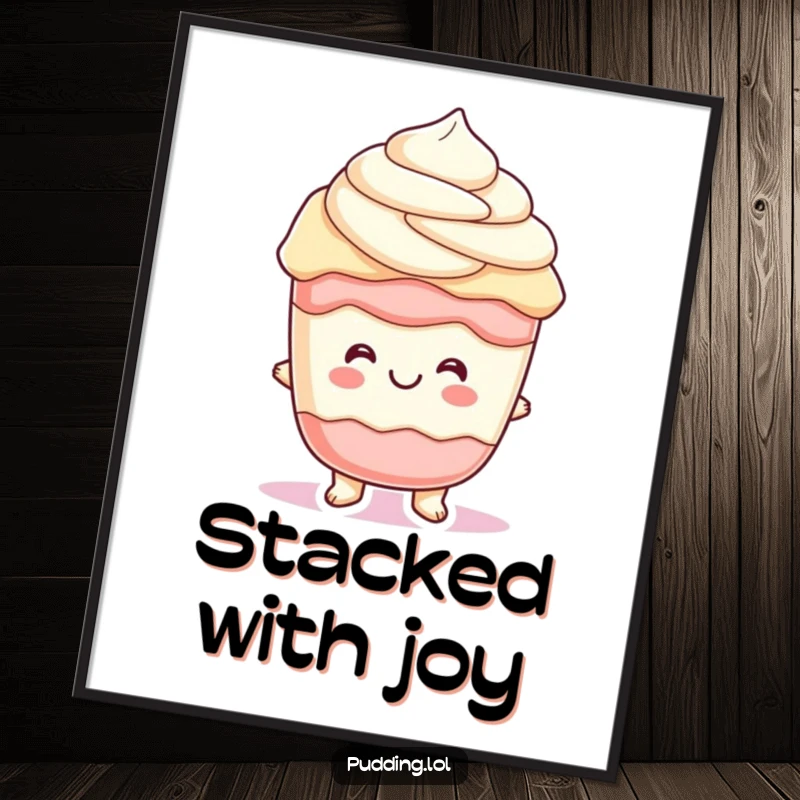 Funny parfait pudding character with cheerful, wiggling layers, a delightful and humorous poster for walls.