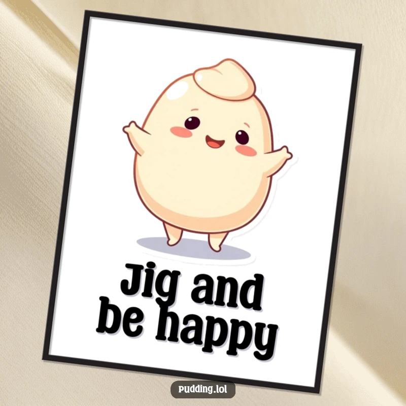 Funny Poster art of a smiling pudding blob character doing a lively jig, capturing the essence of uninhibited dance and joy.