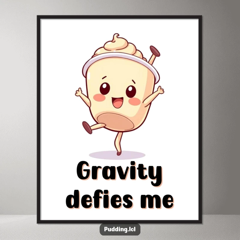 Funny poster: A wobbly pudding cup character attempts a somersault, adding a touch of charming dessert-themed humor to any room.
