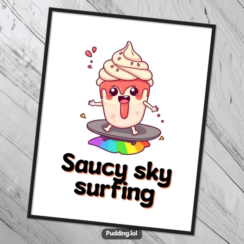 Funny poster: A pudding cup character surfs a rainbow with sauce splashes, bringing whimsical dessert-themed fantasy and humor to wall decor.