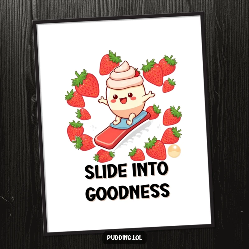Funny poster displaying a happy pudding cup character surfing with glee down a luscious strawberry slide, a scene of pure joy.