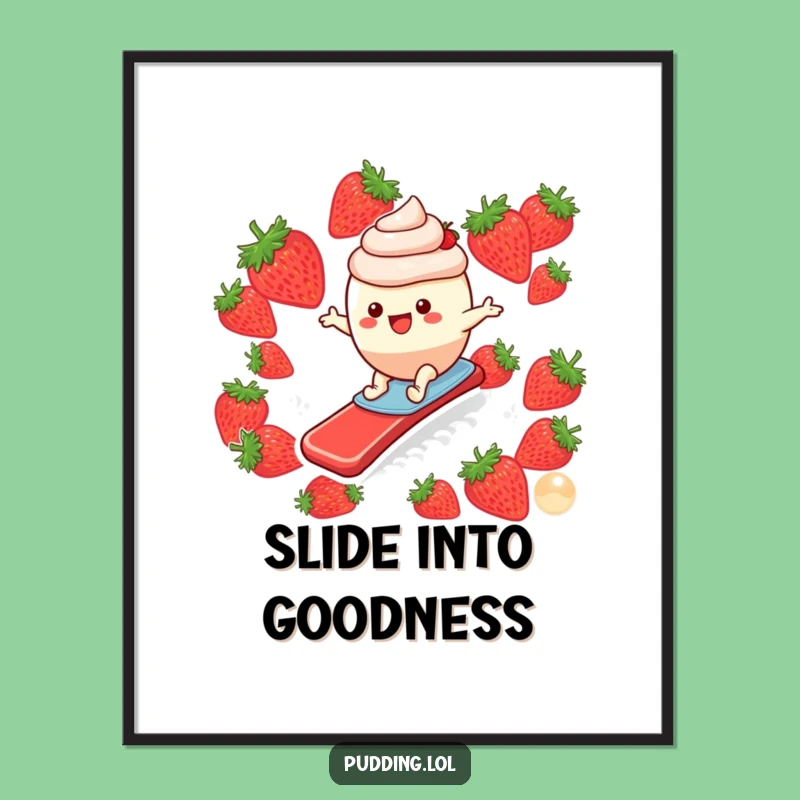 Funny Pudding Surfer Poster: Vibrant Strawberry Slide Art for Joyful Walls