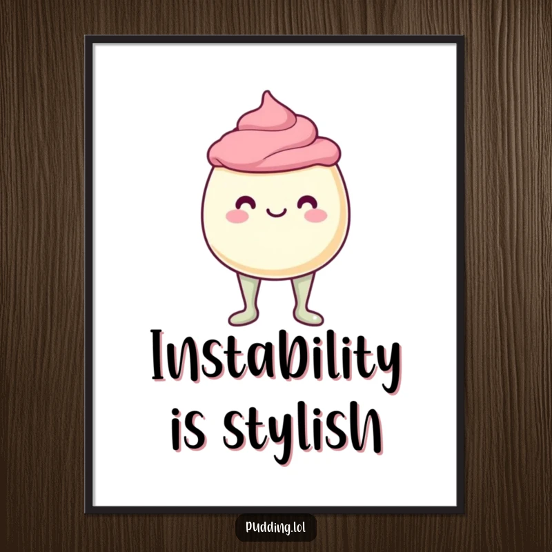 Funny Poster art of a pudding cup character with noodly jelly legs, captured in a moment of delightful instability and wobbly charm.