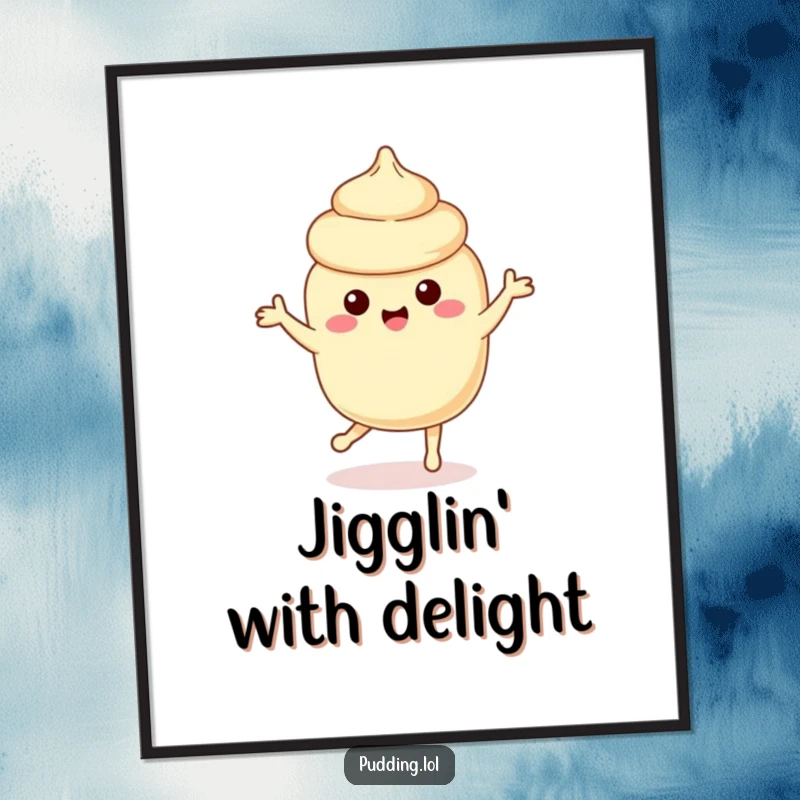 Funny vanilla pudding character dancing playfully, a delightful and humorous poster for any dessert lover.