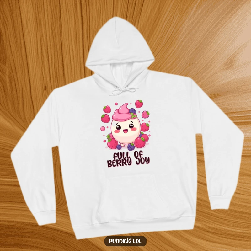 Funny berry pudding character, delighted and surrounded by bouncing berries, perfect for a warm and humorous hoodie.