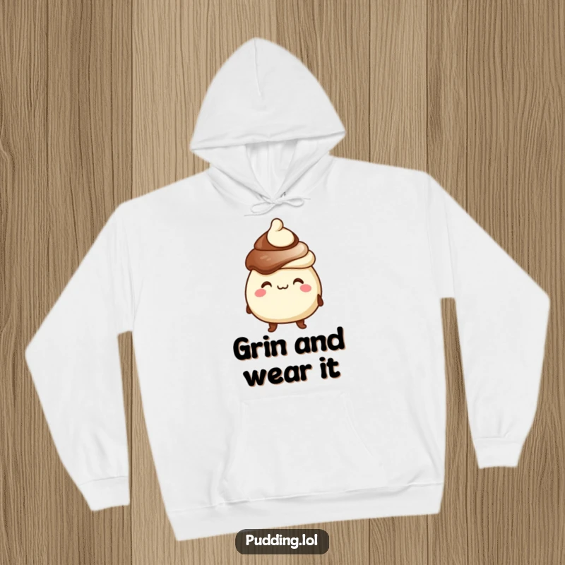 Funny hoodie featuring a chocolate pudding character with a goofy grin and a tiny hat, perfect for cozying up with a sweet treat.