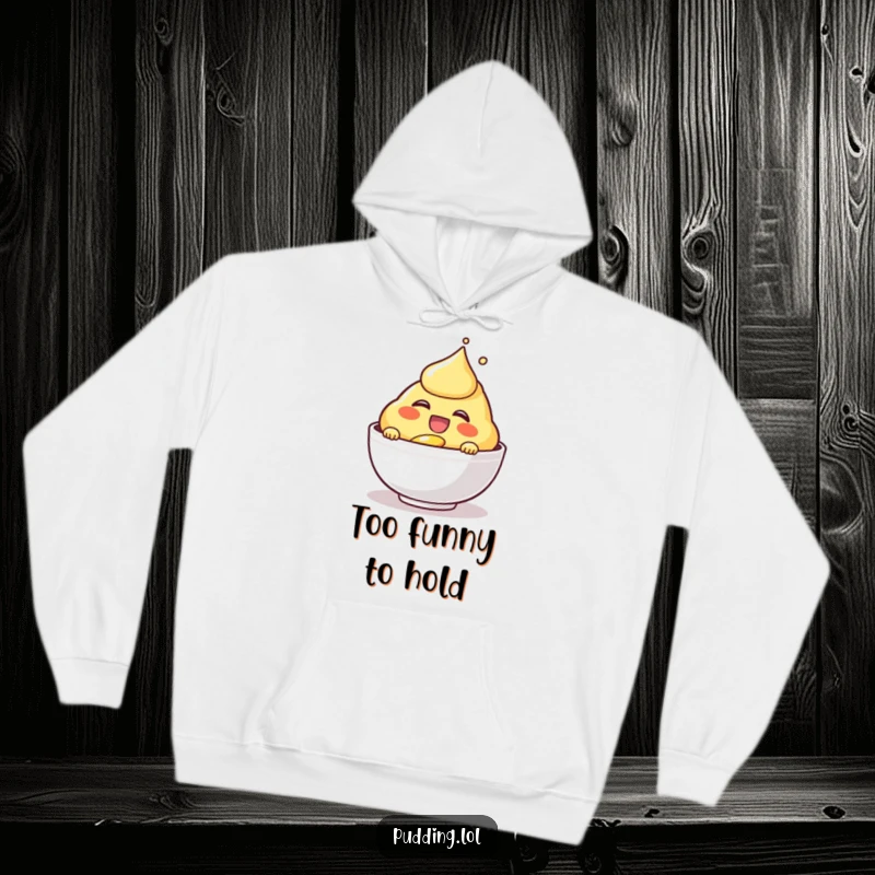 Funny laughing custard character in a hoodie, pouring itself with glee, perfect for cozy, humorous wear.