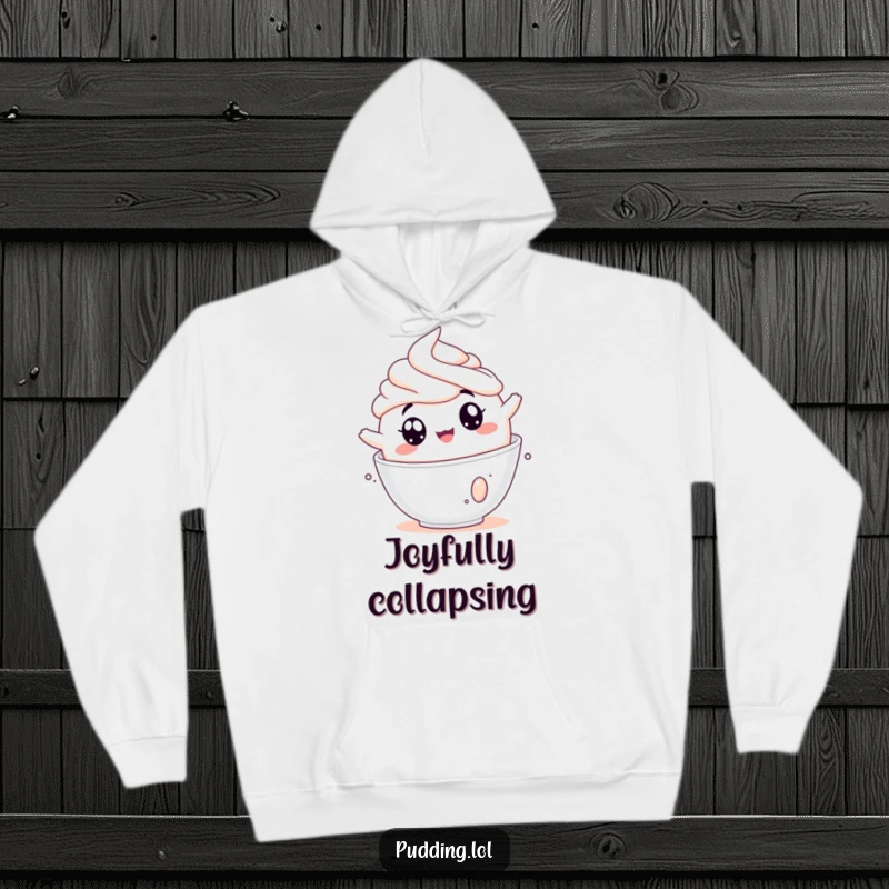 Funny pudding hoodie showing a jiggly pudding cup tumbling into whipped cream, combining warmth with humorous dessert art.