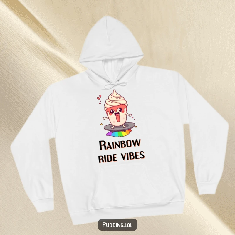 Funny hoodie: A pudding cup character surfs a rainbow with sauce splashes, offering cozy fantasy and dessert humor, a perfect funny gift.