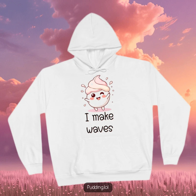 Funny Hoodie featuring a pudding scoop character gleefully splashing, perfect for staying warm and looking fun.