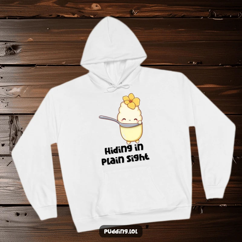 Funny Hoodie featuring a shy vanilla pudding character hiding behind a spoon with bashful eyes, perfect for cozy moments.